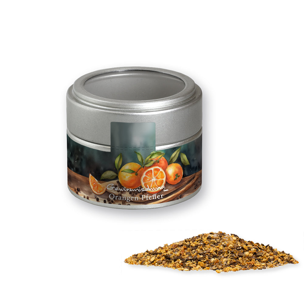 Gewürzmischungen in der silbernen Metalldose Mini – Gewürzmischung Orangen Pfeffer, ca. 55 g