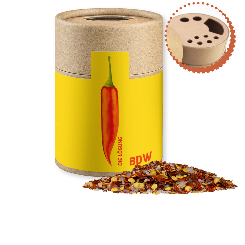 Gewürzstreuer Midi mit Logo Etikett – Gewürzmischung Chili Salz, ca. 55 g