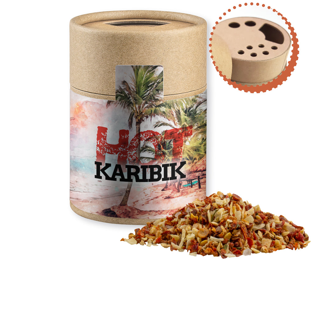 Gewürzstreuer Midi mit Logo Etikett – Gewürzmischung HOT Karibik Mix, ca. 50 g
