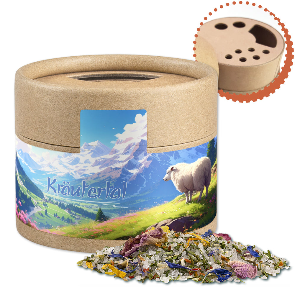 Gewürzstreuer Mini mit Logo Etikett – Alpenkräuter Salz, ca. 50 g