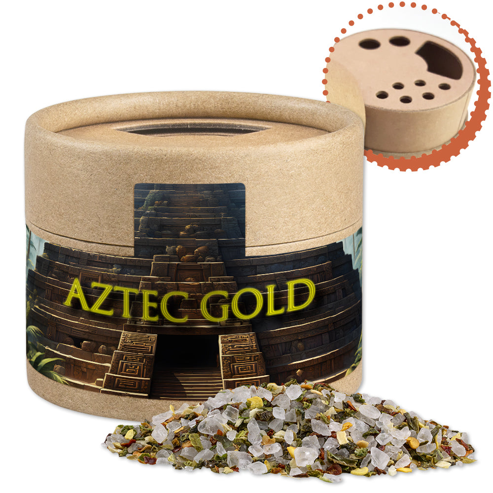 Gewürzstreuer Mini mit Logo Etikett – Aztekensalz, ca. 45 g