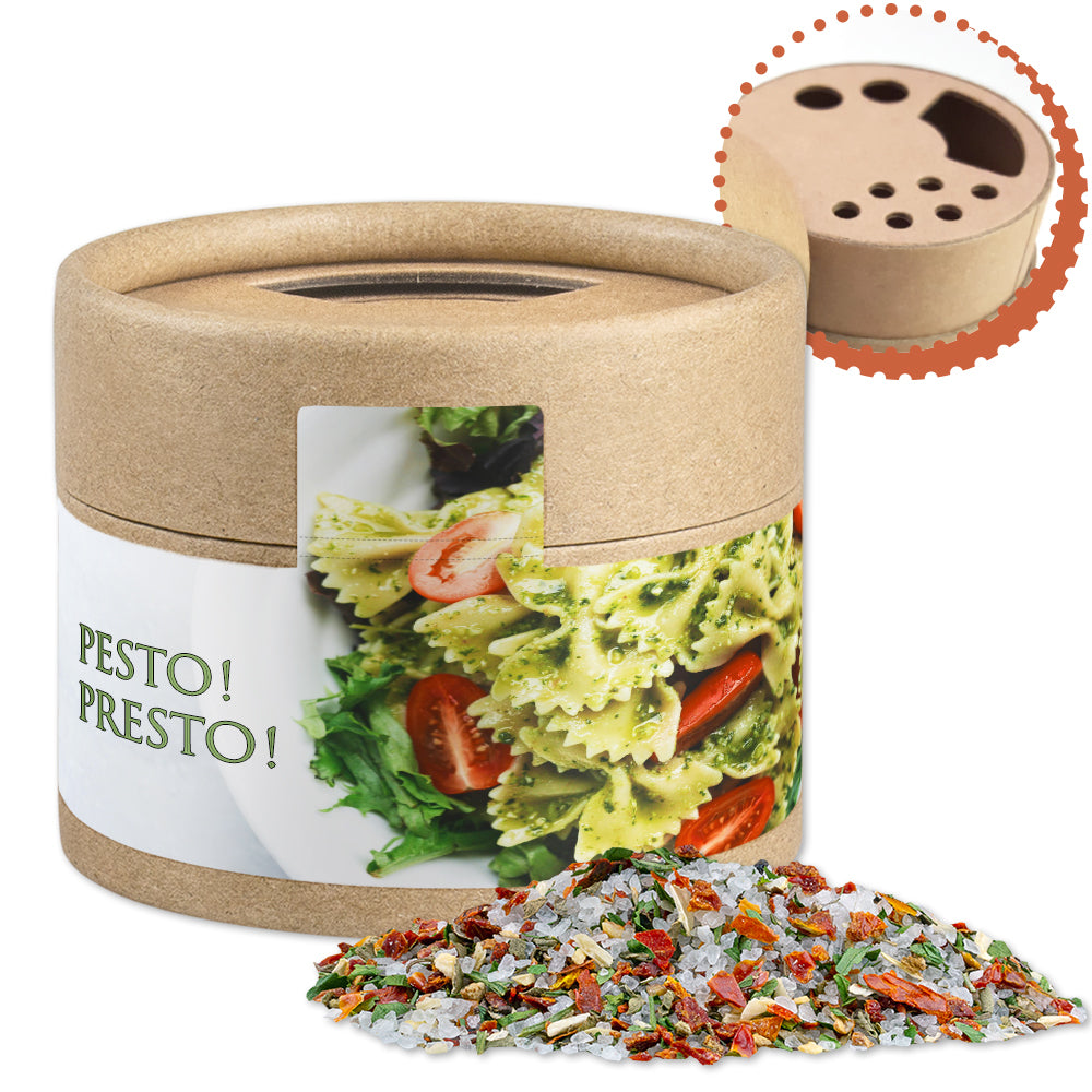 Gewürzstreuer Mini mit Logo Etikett – Pestosalz, ca. 40 g