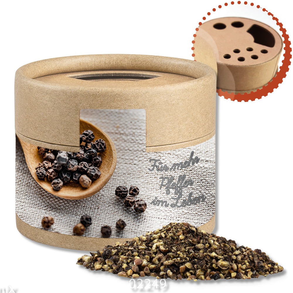 Gewürzstreuer Mini mit Logo Etikett – Pfeffer geschrotet, ca. 38 g