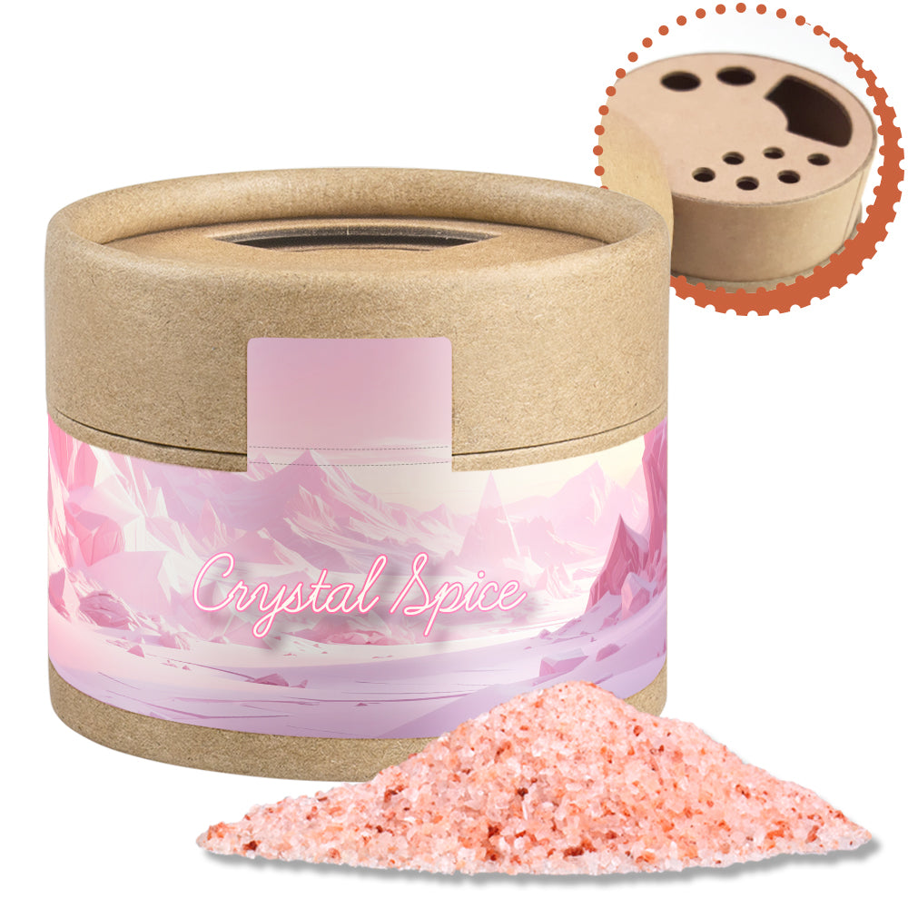 Gewürzstreuer Mini mit Logo Etikett – Rosa Kristallsalz, ca. 75 g