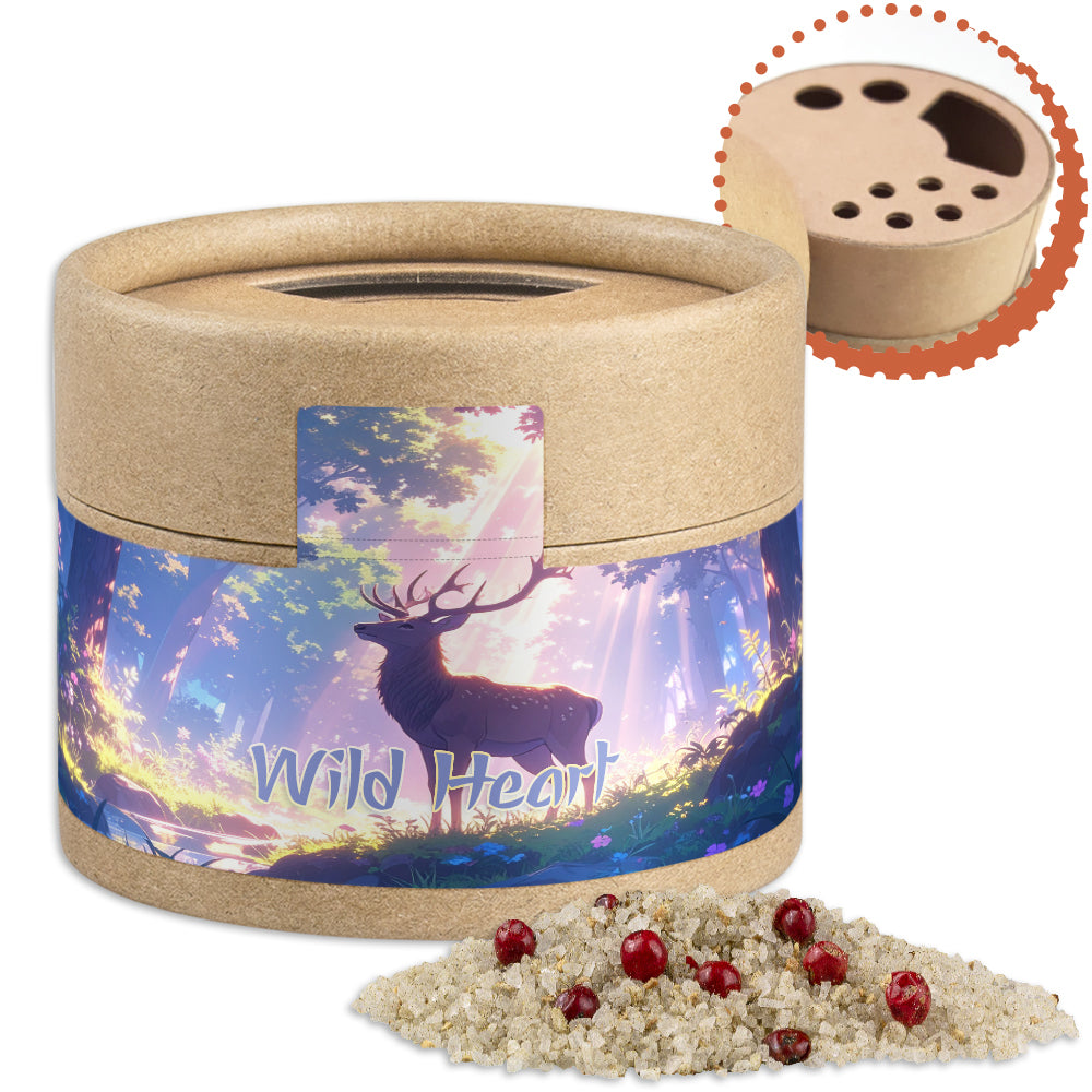 Gewürzstreuer Mini mit Logo Etikett – Wildgewürzsalz, ca. 45 g
