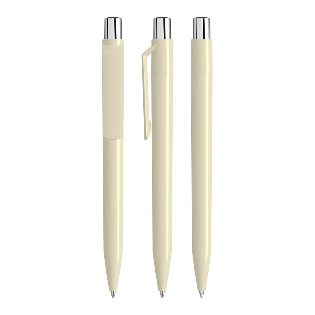 Glänzender Druckkugelschreiber mit farbigem Stopfen – Beige
