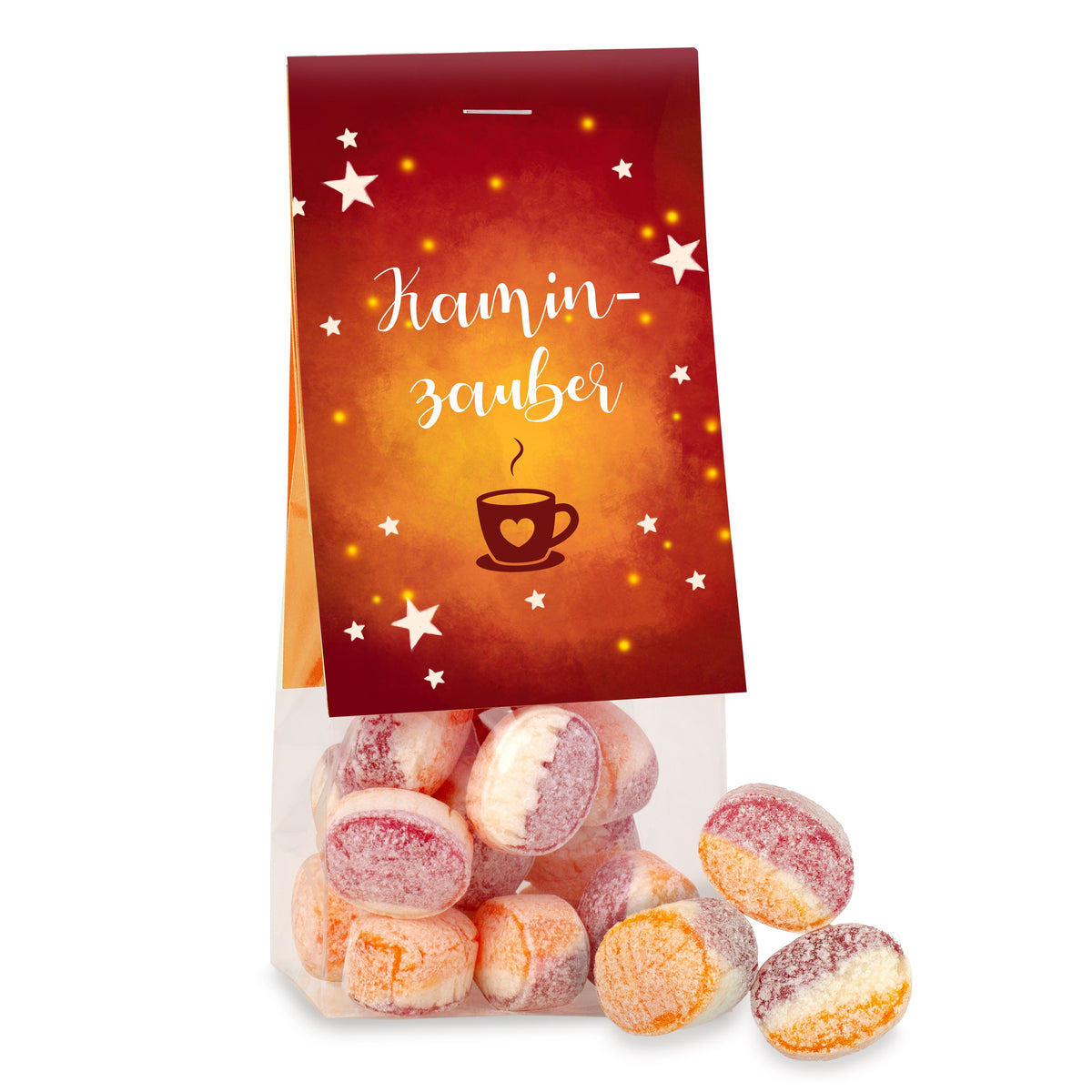 Glühwein Orangen Bonbons im Tütchen 50 g mit Logo – Beispielmotiv