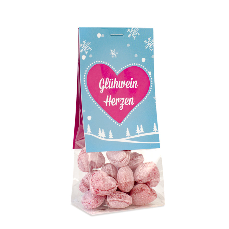 Glühweinbonbons Herzen im Beutel mit Kopfkarte 45 g mit Logo – Beispielmotiv
