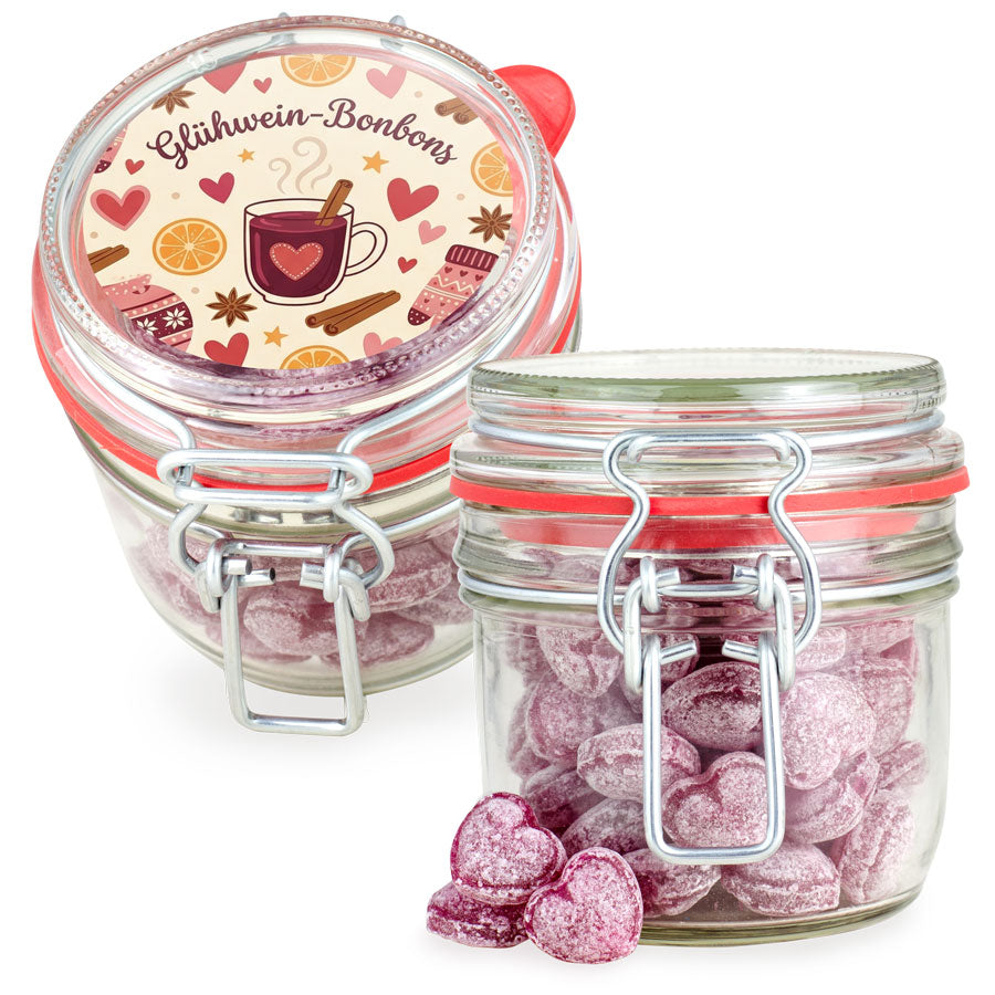 Glühweinbonbons in Herzform im Bügelglas 160 g mit Logo – Beispielmotiv