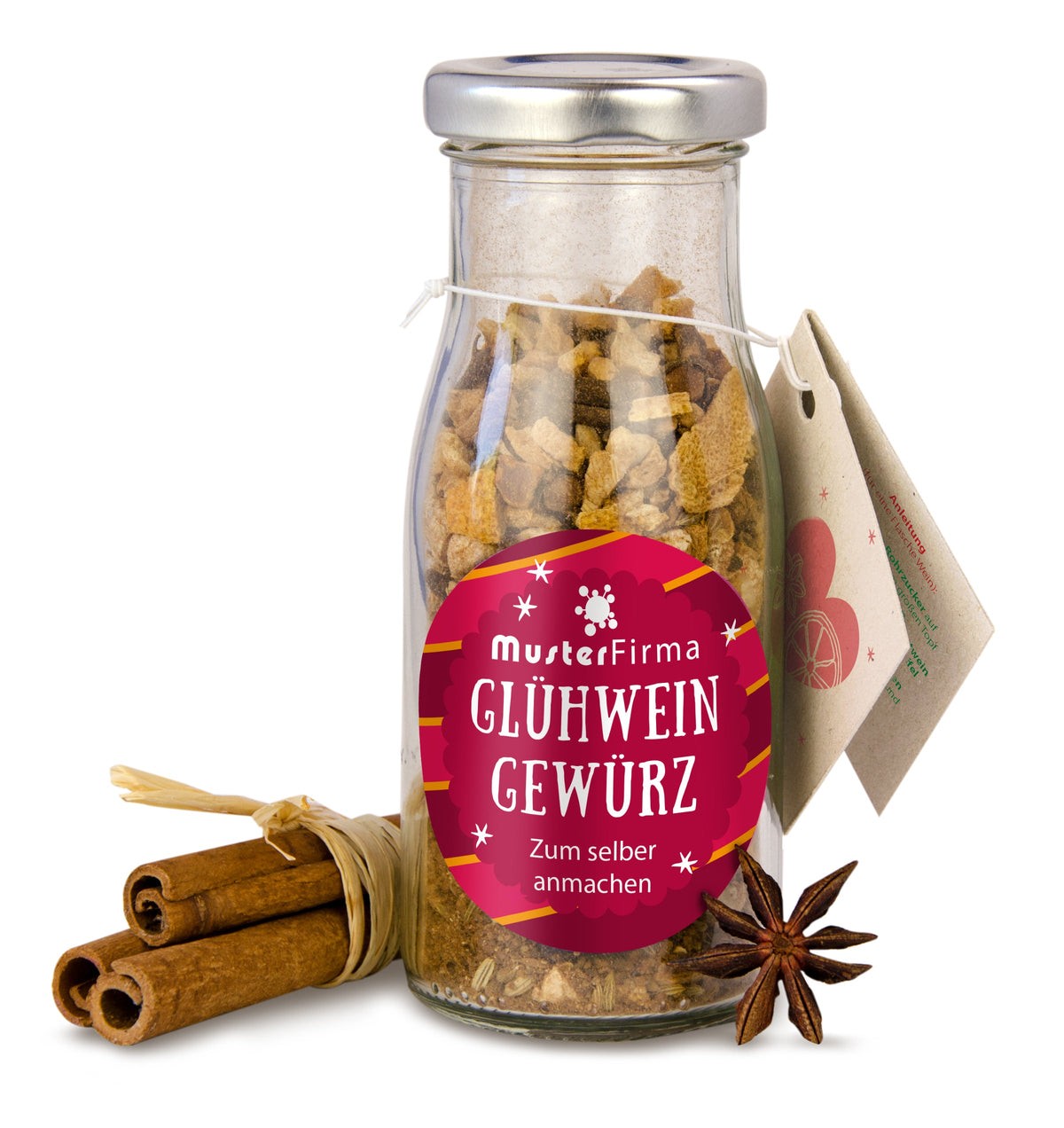 Glühweingewürz Mischung in der Glasflasche 50 g mit Logo – Beispielmotiv
