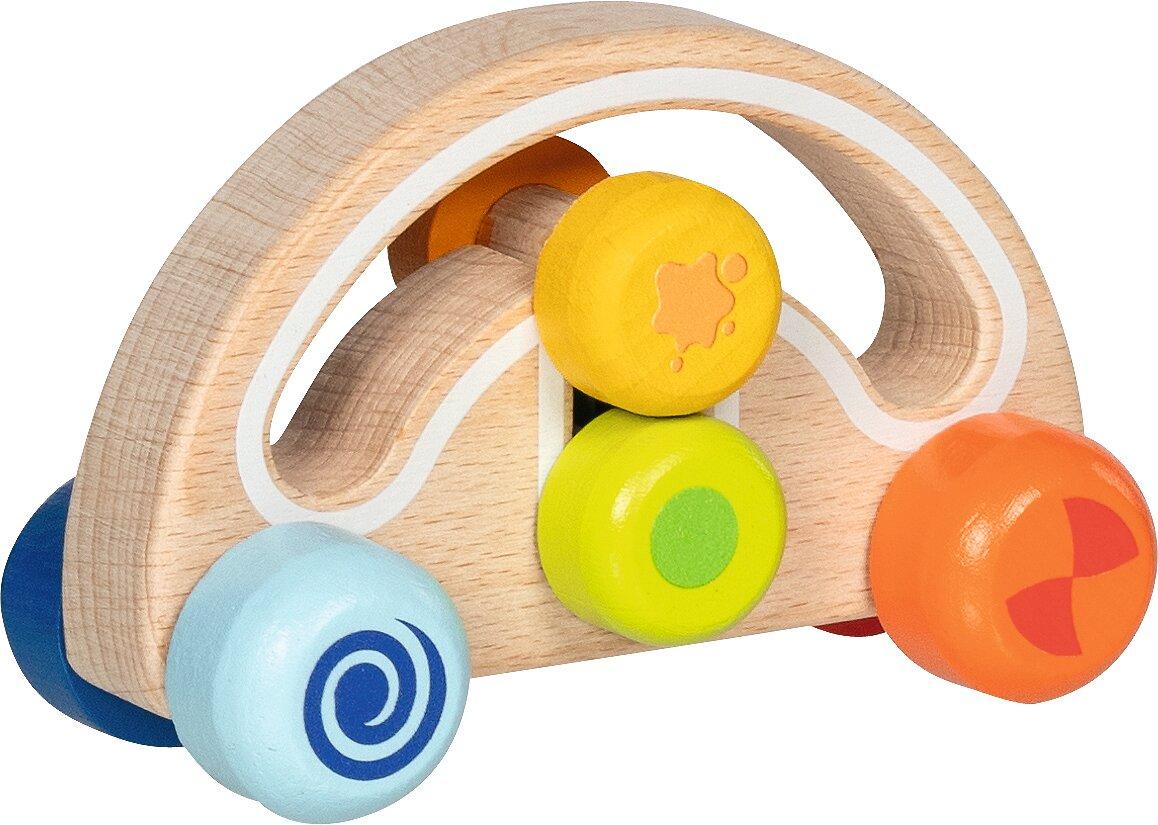 Greiffahrzeug Twirly wirly mit bunten Rädern von goki – Seitenansicht