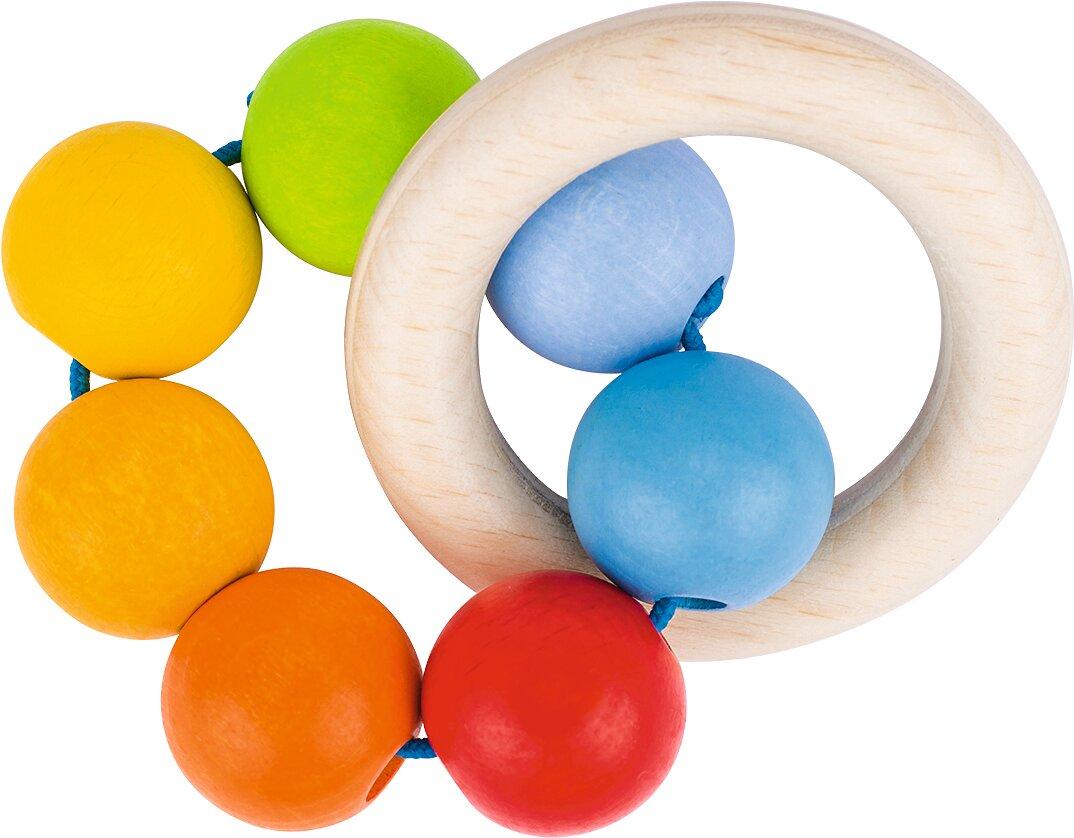 Greifling Holzring mit bunten Regenbogenperlen – Gesamtansicht