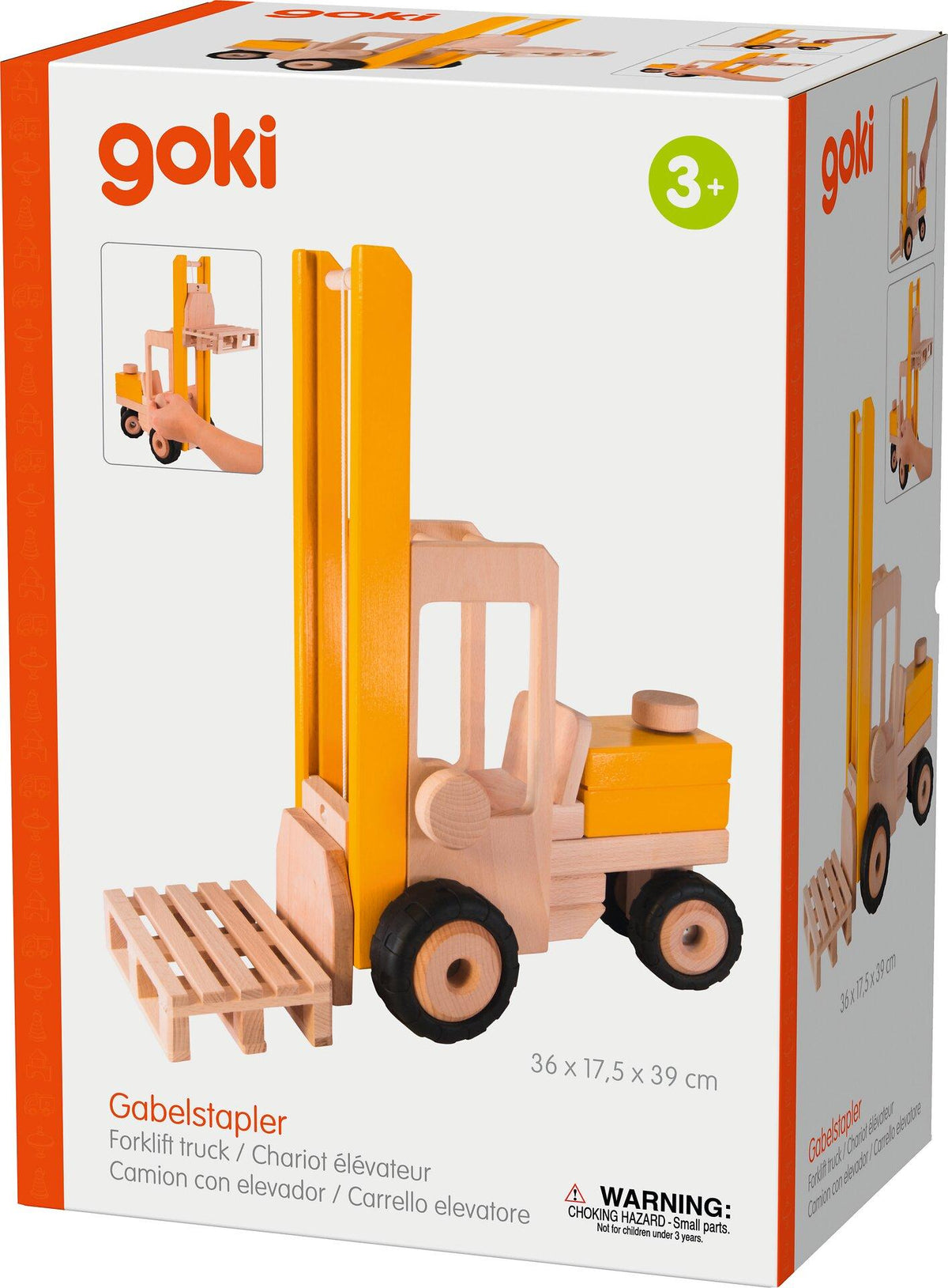 Großer Gabelstapler aus Holz mit Palette von goki – weitere Ansicht