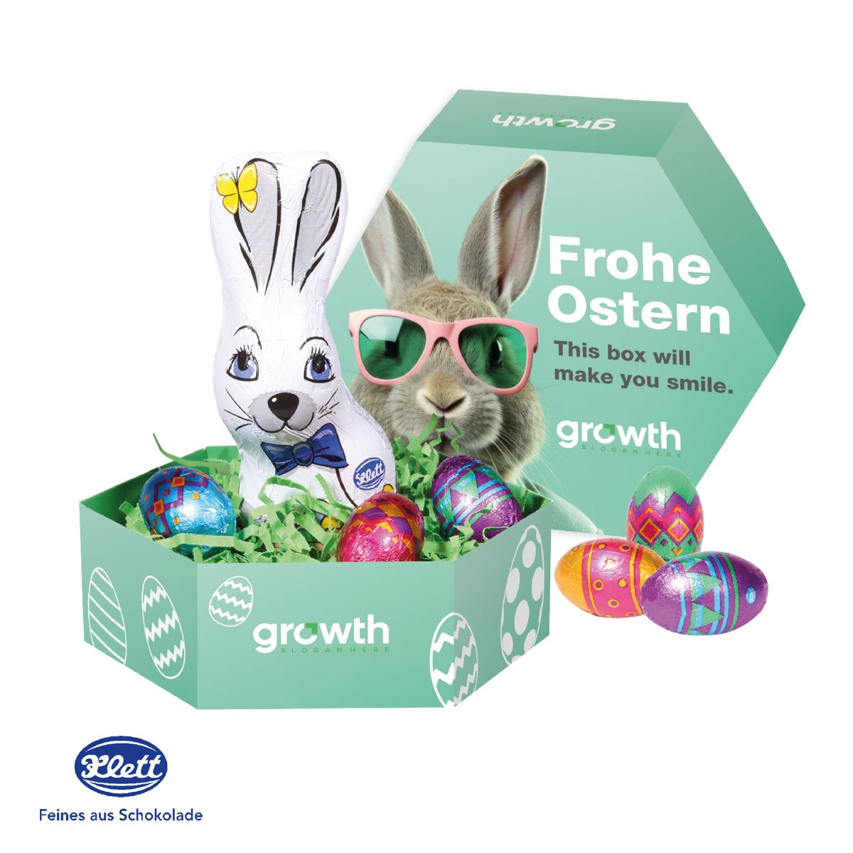 Großes Osternest aus Karton mit bedrucktem Deckel und Werbefläche