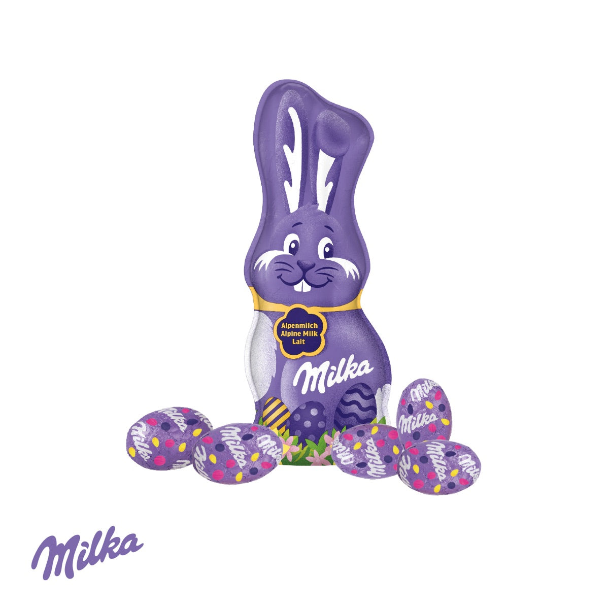 Milka Osterhase und fünf Milka Schokoladeneier im Osternest