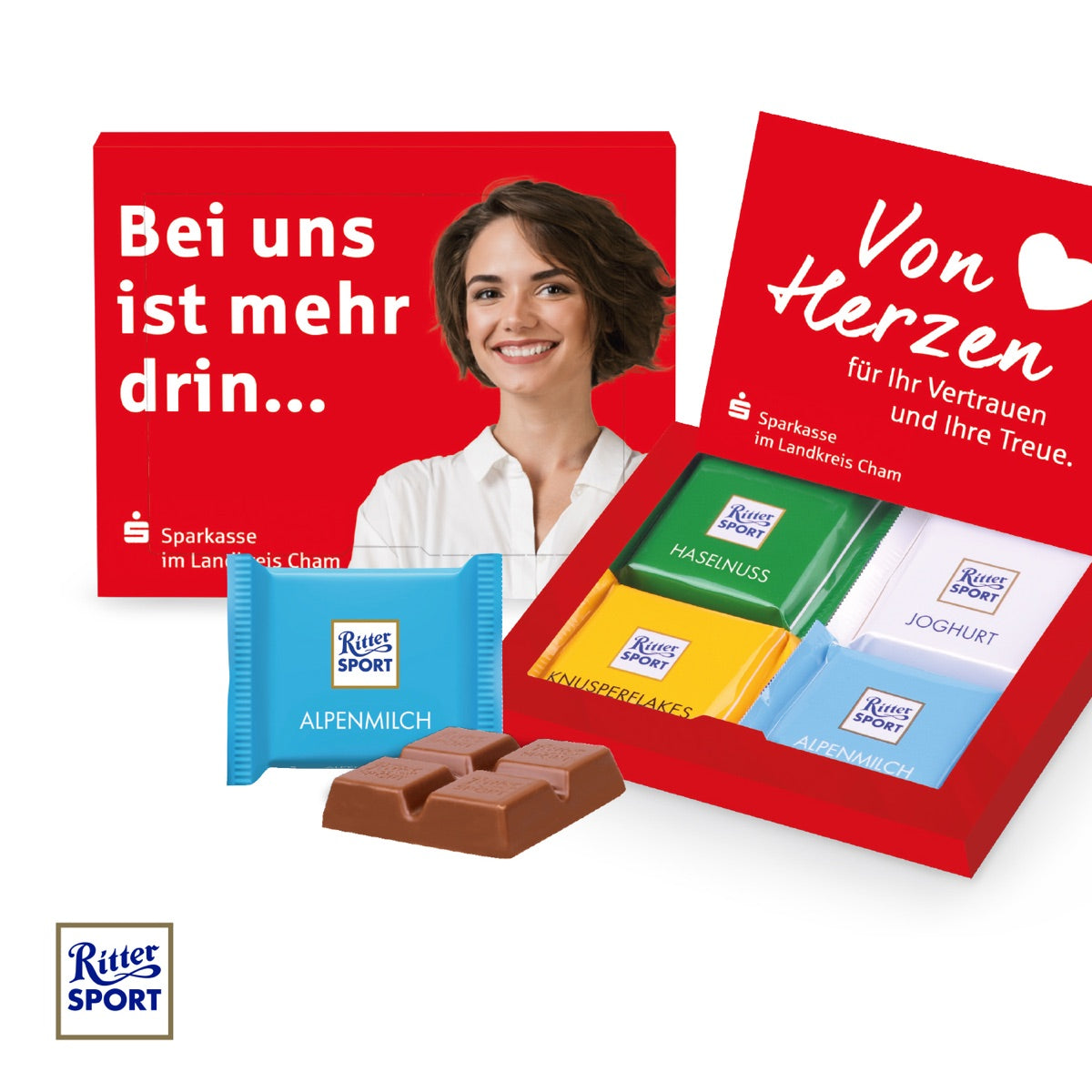 Bedruckte Werbegrußkarte aus Karton für Ritter SPORT Mini Tafeln