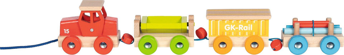 Güterzug aus Holz mit Lok und drei Wagen von goki – Wagen