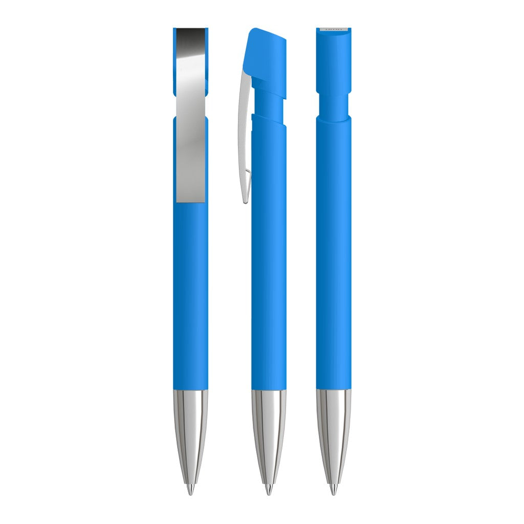 Gummierter Druckkugelschreiber mit Metallspitze – Hellblau