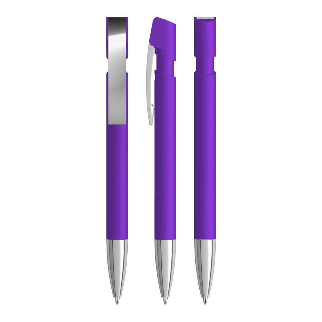 Gummierter Druckkugelschreiber mit Metallspitze – Violett