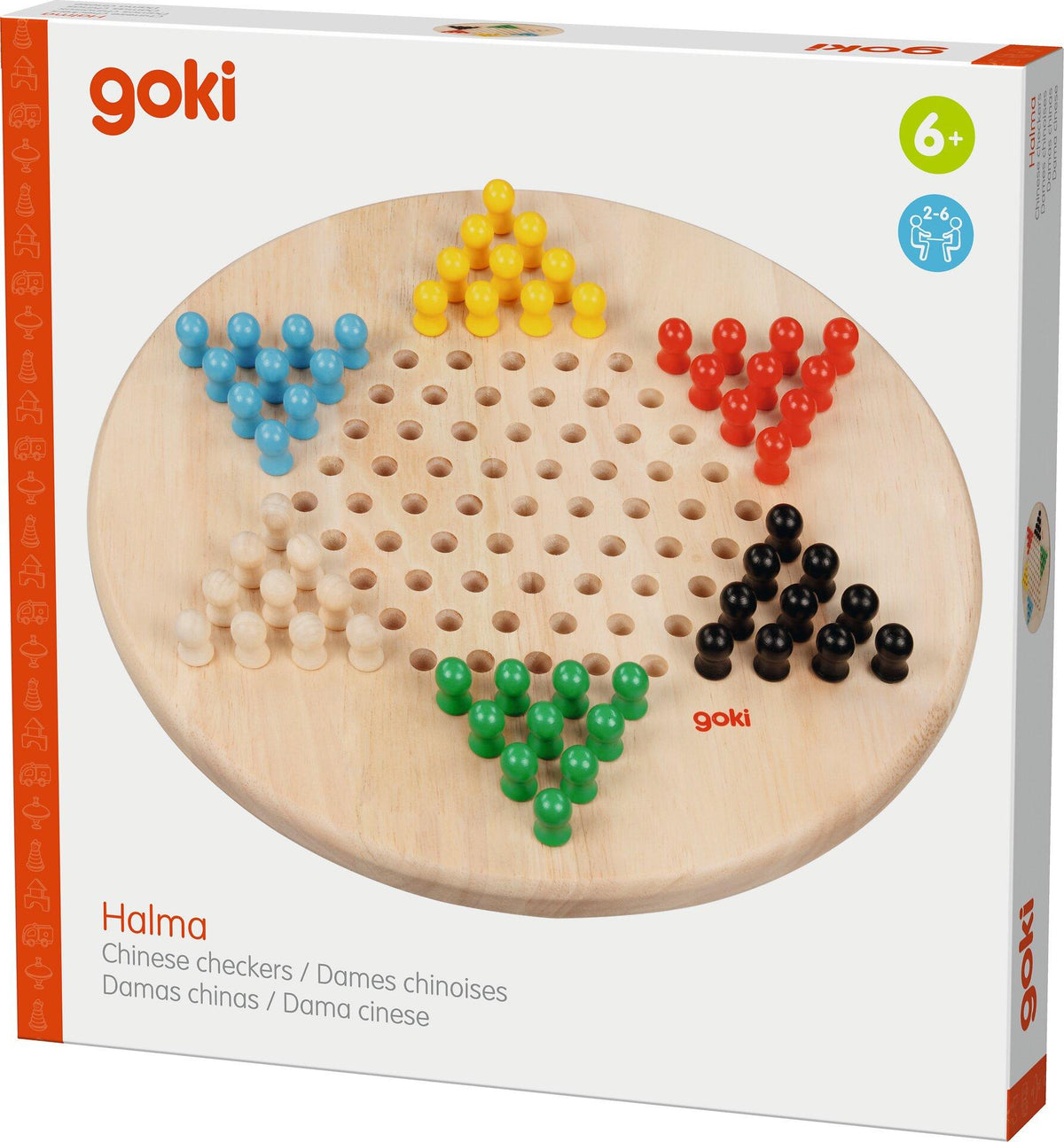 Halmaspiel aus Massivholz mit sechs Farben, Ø 29 cm – Seitenansicht