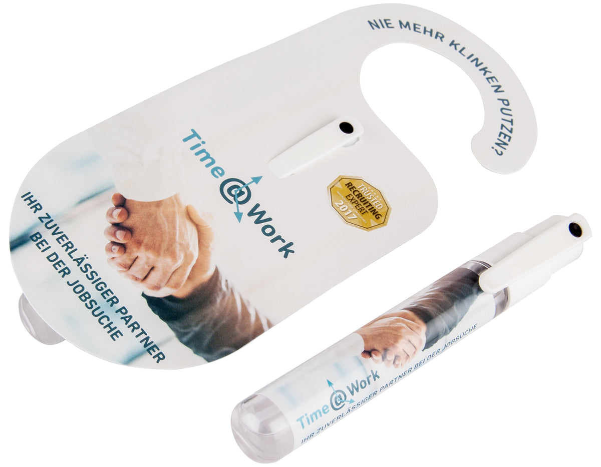 Handdesinfektionsspray am Hänger für Türklinken