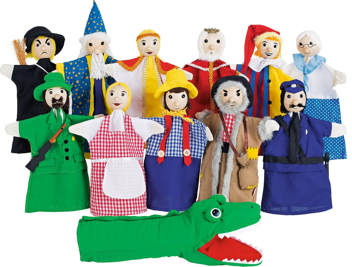 Handpuppenset Märchenfiguren und Krokodil aus Stoff und Holz – Gesamtansicht