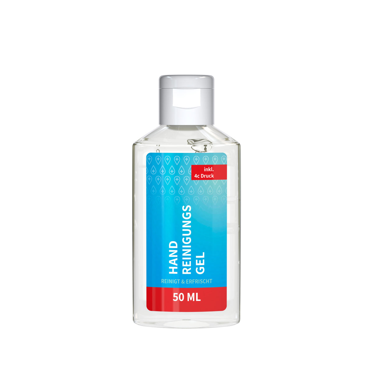 Handreinigungsgel 50 ml Flasche mit Klappdeckel und Etikett