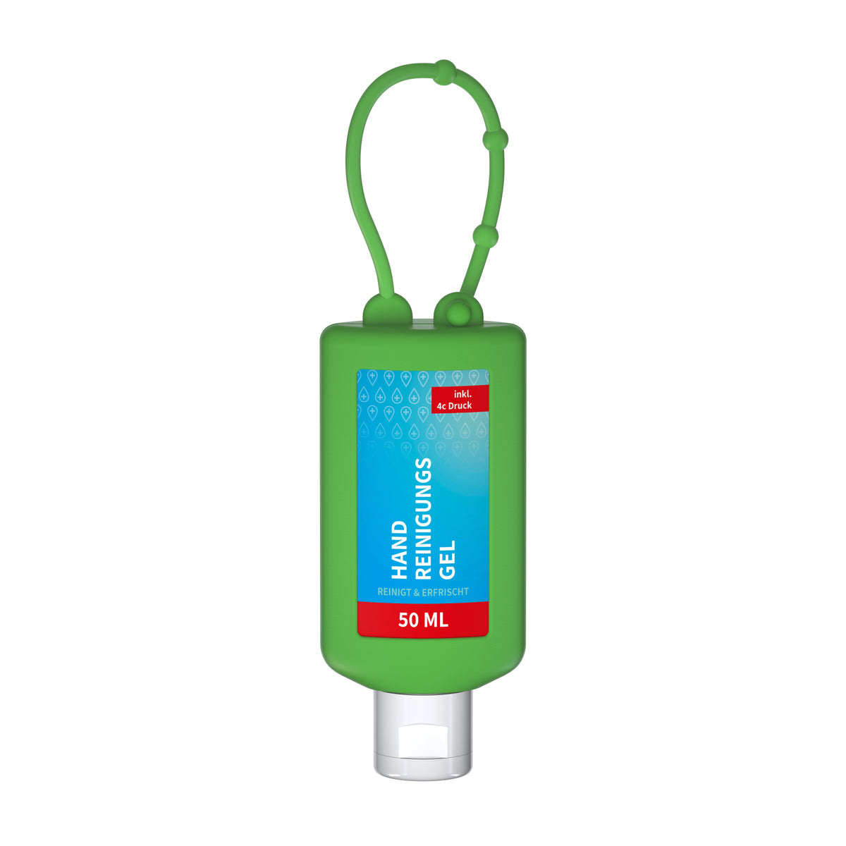 Handreinigungsgel 50 ml Flasche mit Silikonhülle zum Anhängen – Grün