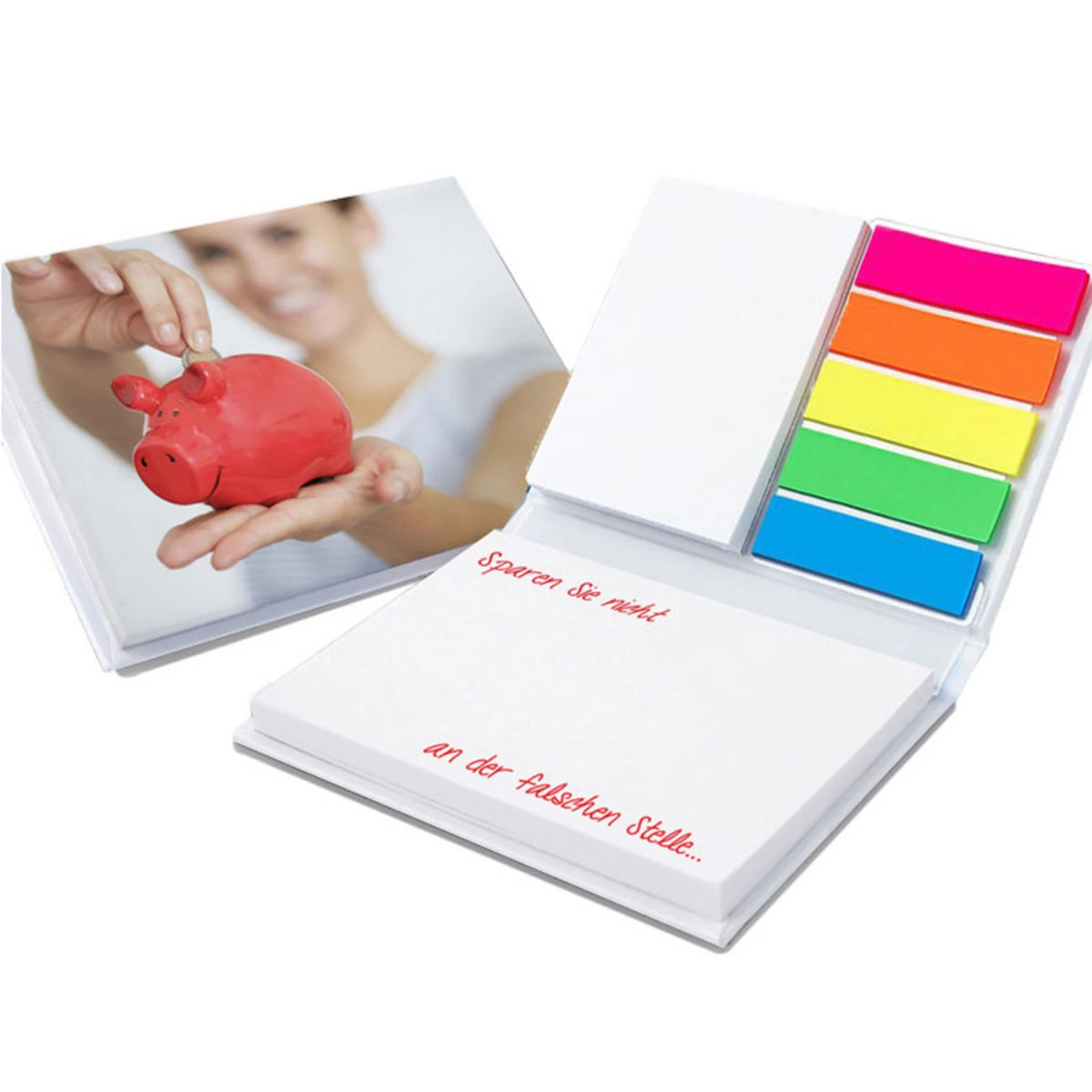Hardcover Set 105 x 75 x 15 mm mit zwei Haftnotizen und Logo – Kunststoffmarker