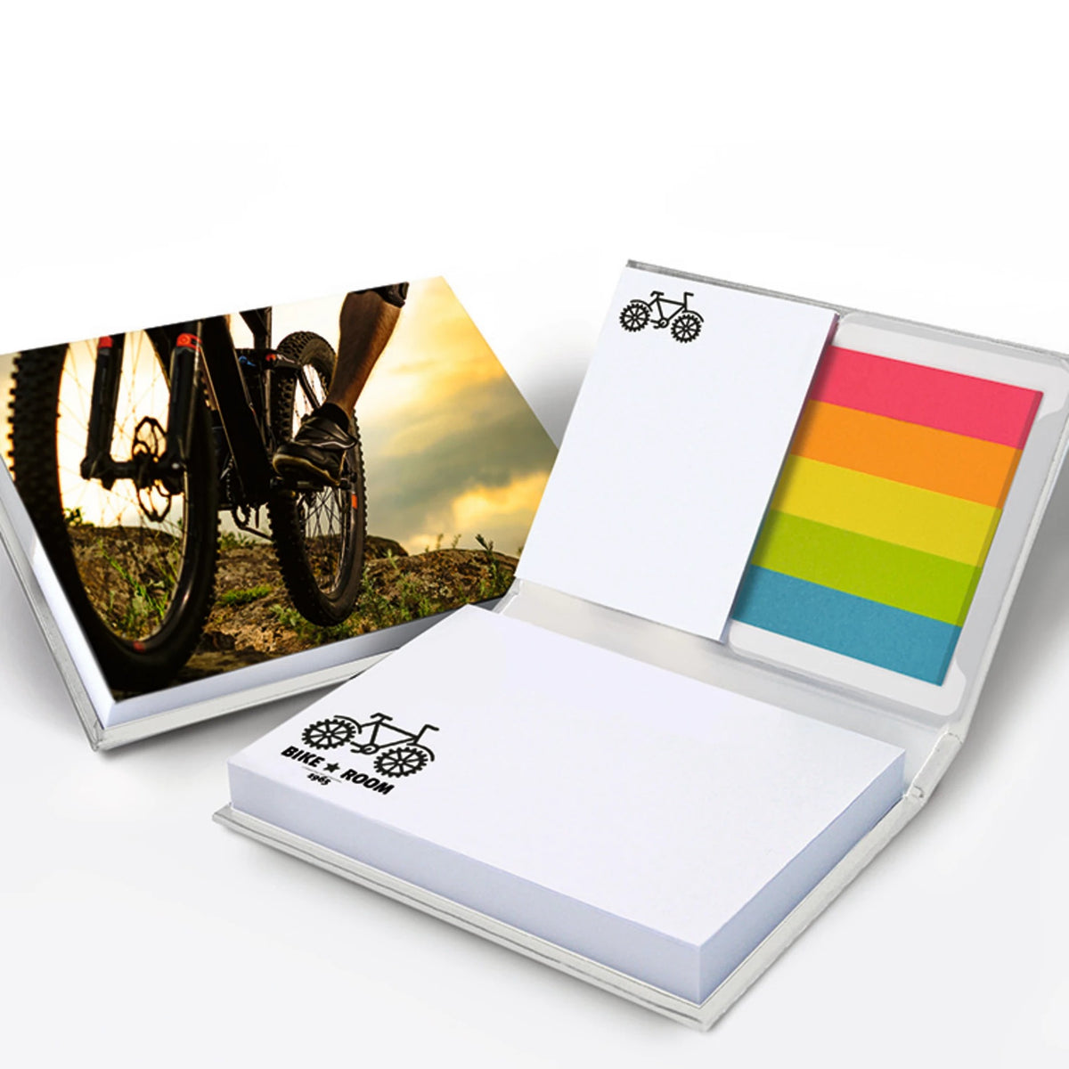 Hardcover Set mit 100 Blatt Haftnotiz, 18 mm stark, mit Logo – Papiermarker neutral