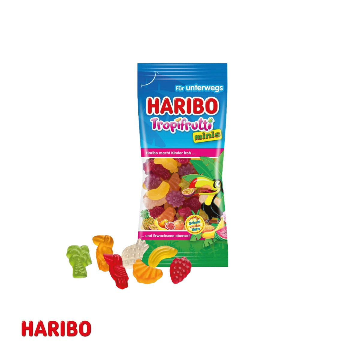 Geöffneter Werbeschuber mit Tüte HARIBO Tropifrutti