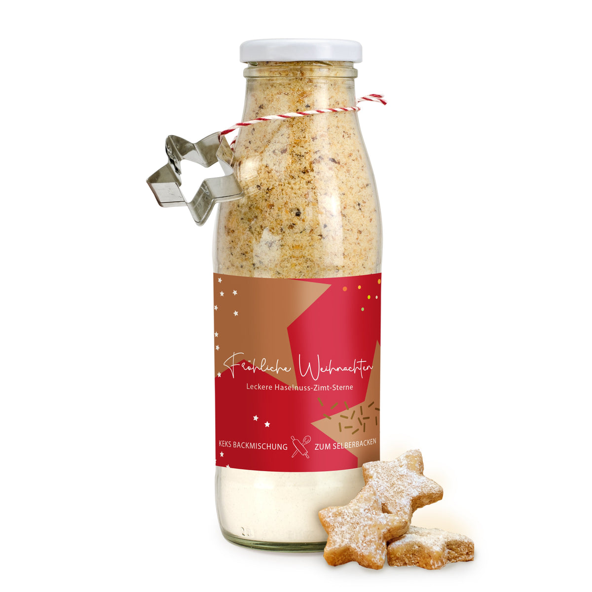 Haselnuss Zimt Sterne Backmischung in der Flasche 380 g mit Logo – Beispielmotiv