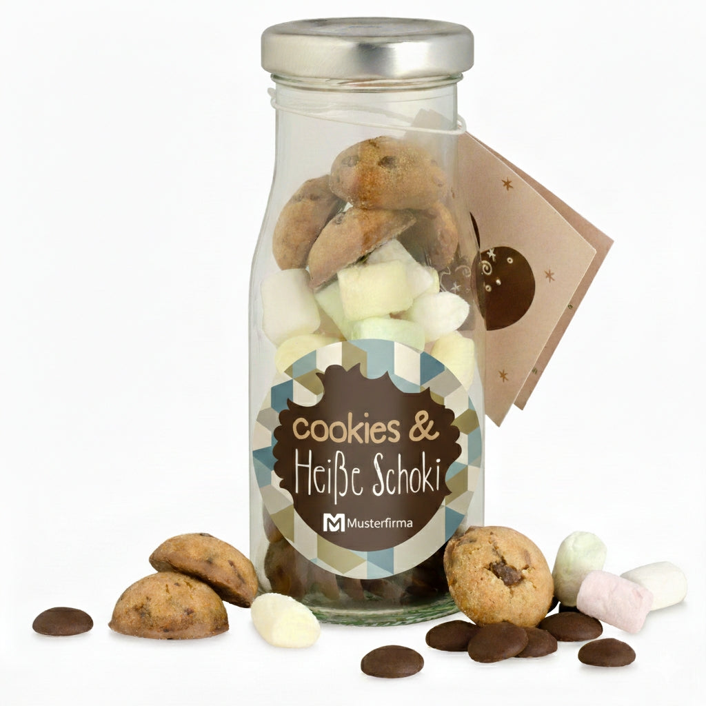 Heiße Cookie Schoki mit Mini Cookies in der Flasche mit Logo – Beispielmotiv