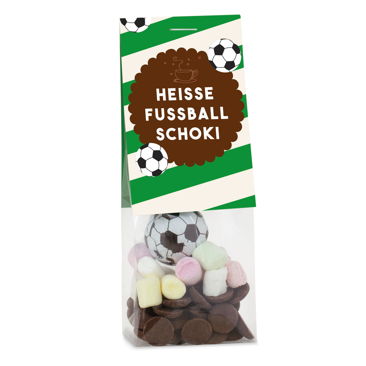 Heiße Schoki Fußball im Tütchen 40 g mit Logo – Beispielmotiv