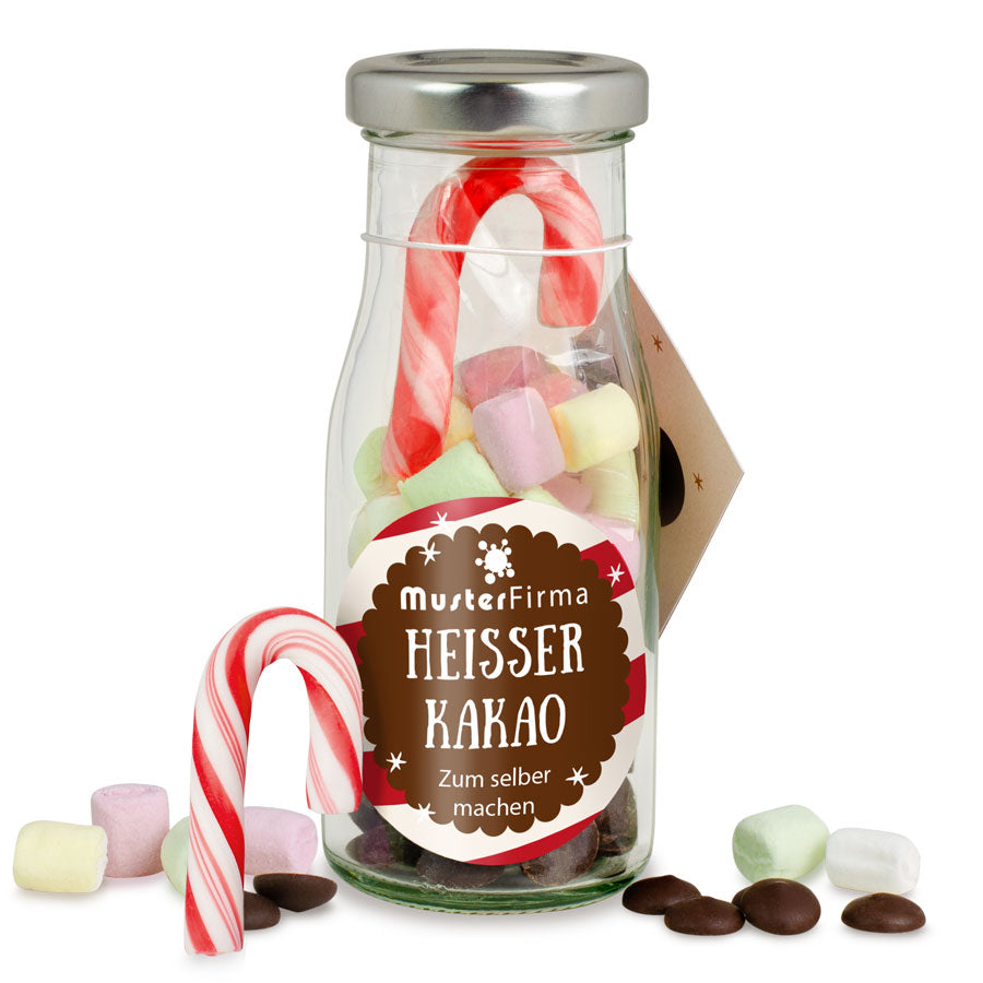 Heißer Kakao zum Selbermachen in der Glasflasche 45 g mit Logo – Beispielmotiv