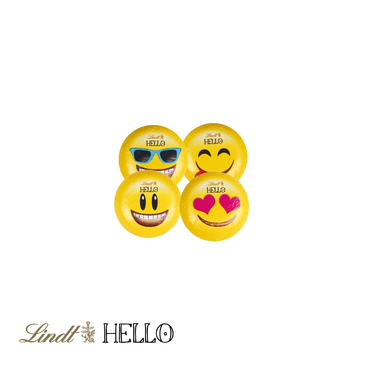 Kartonage mit drei bunten Lindt HELLO Emotis als Füllung