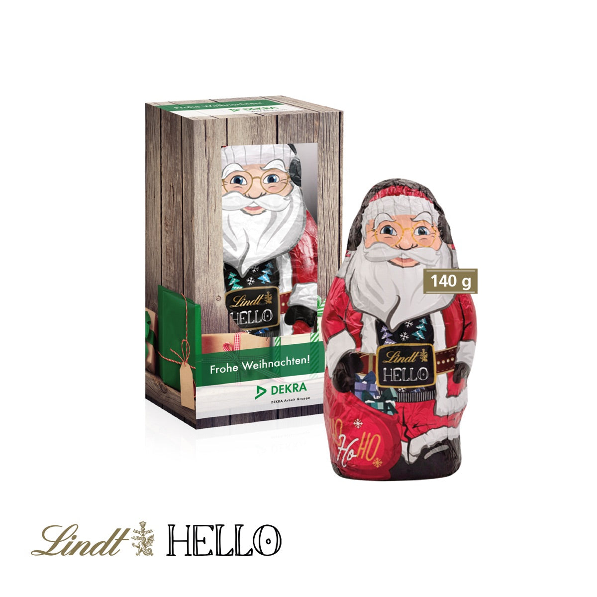 Große Werbekartonage mit Lindt HELLO XMAS Santa, rundum bedruckt