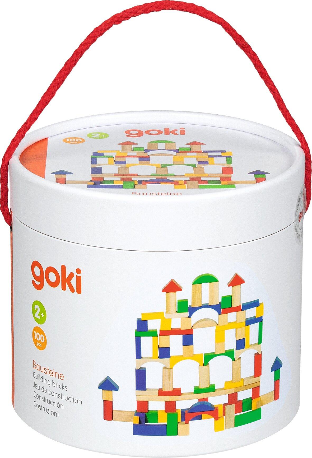 Holzbausteine 100 Stück bunt in der Trommel von goki – weitere Ansicht