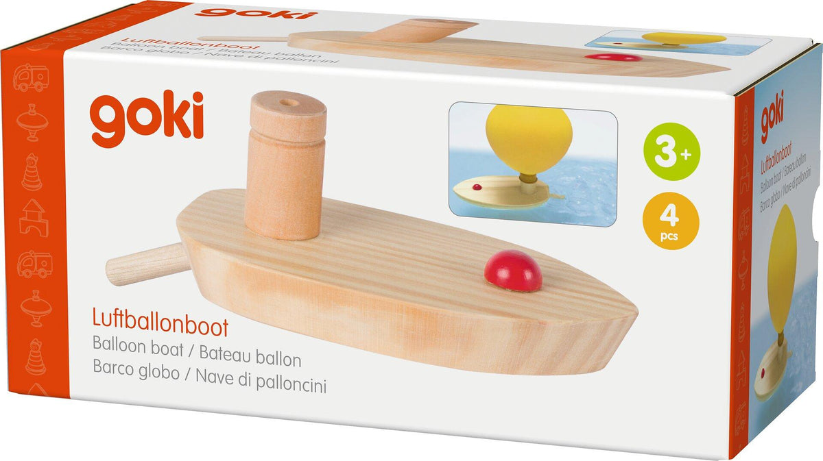 Holzboot mit Schornstein als Luftballonboot – Verpackung