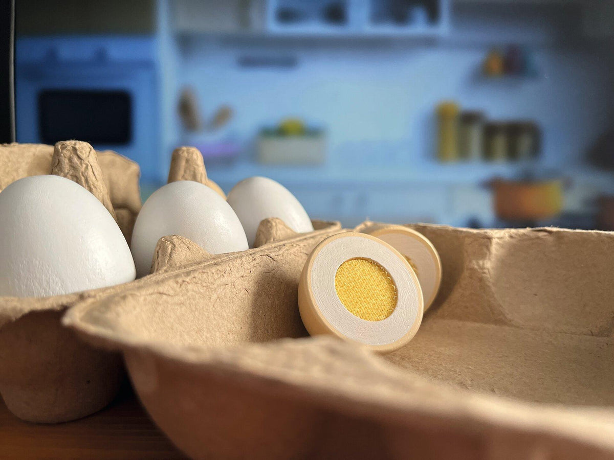 Holzeier mit Klett in der Eierpappe von goki – Ansicht