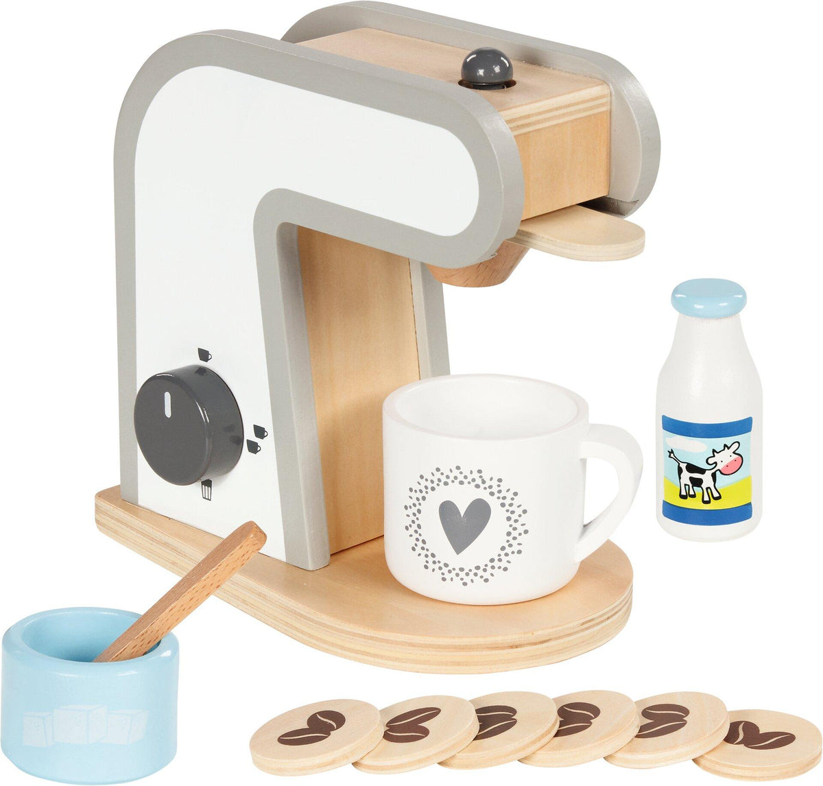 Holzkaffeemaschine mit Milchflasche und Kaffeetalern von goki – Ansicht