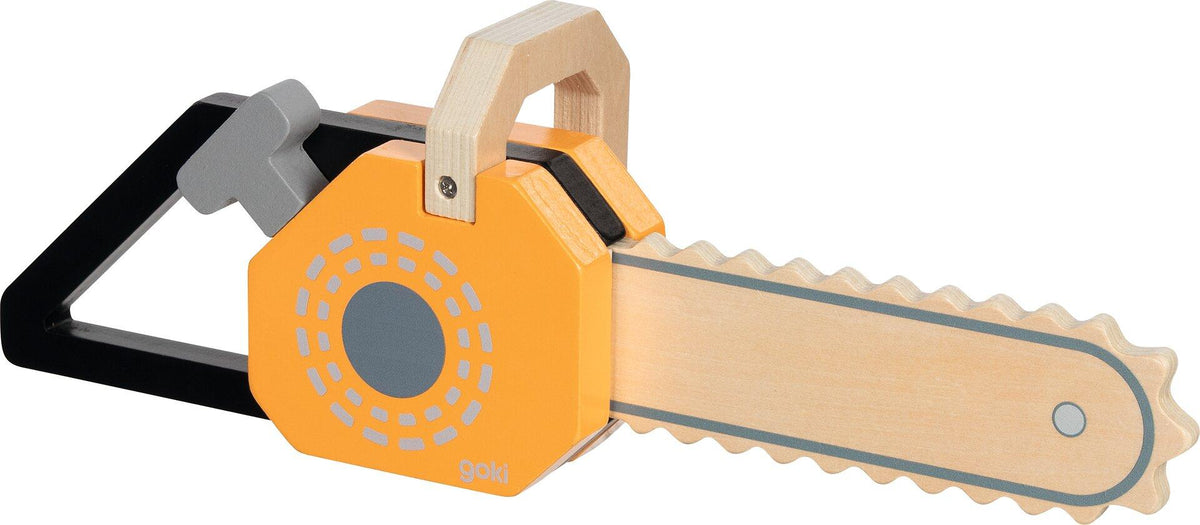 Holzkettensäge in Orange mit Geräusch von goki – Ansicht
