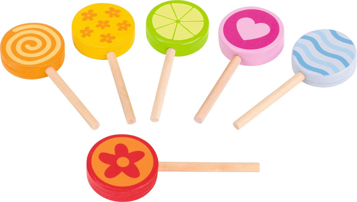 Holzlollies Set mit sechs Motiven für den Kaufladen – Ansicht