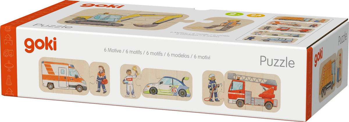 Holzpuzzle Fahrzeuge und Berufe in sechs Motiven – Verpackung