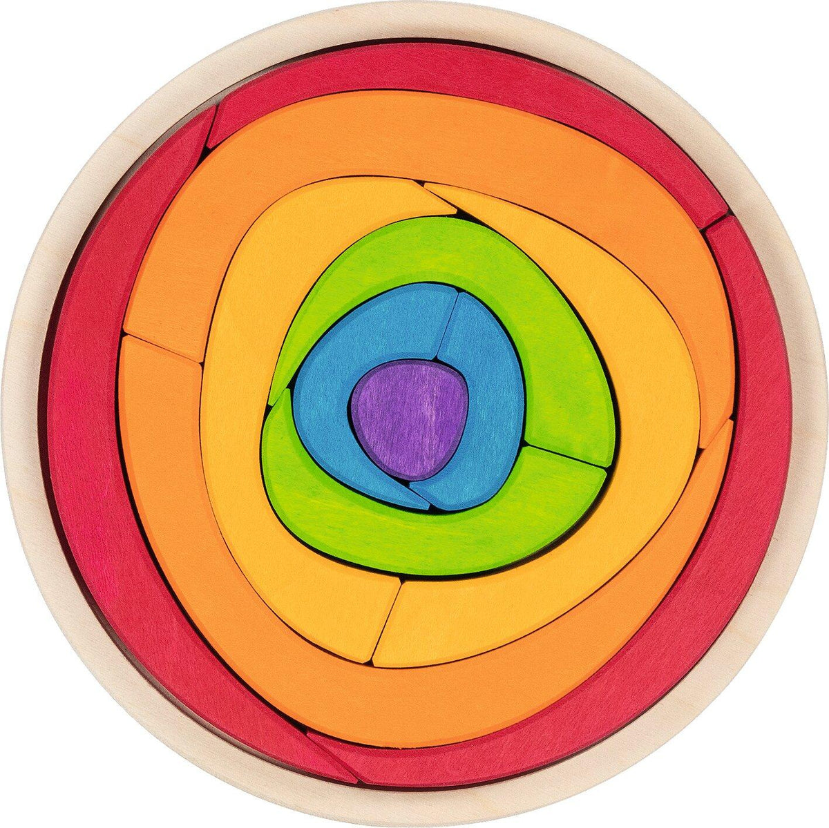 Holzpuzzle Oculus mit Regenbogenringen in runder Form – Ansicht