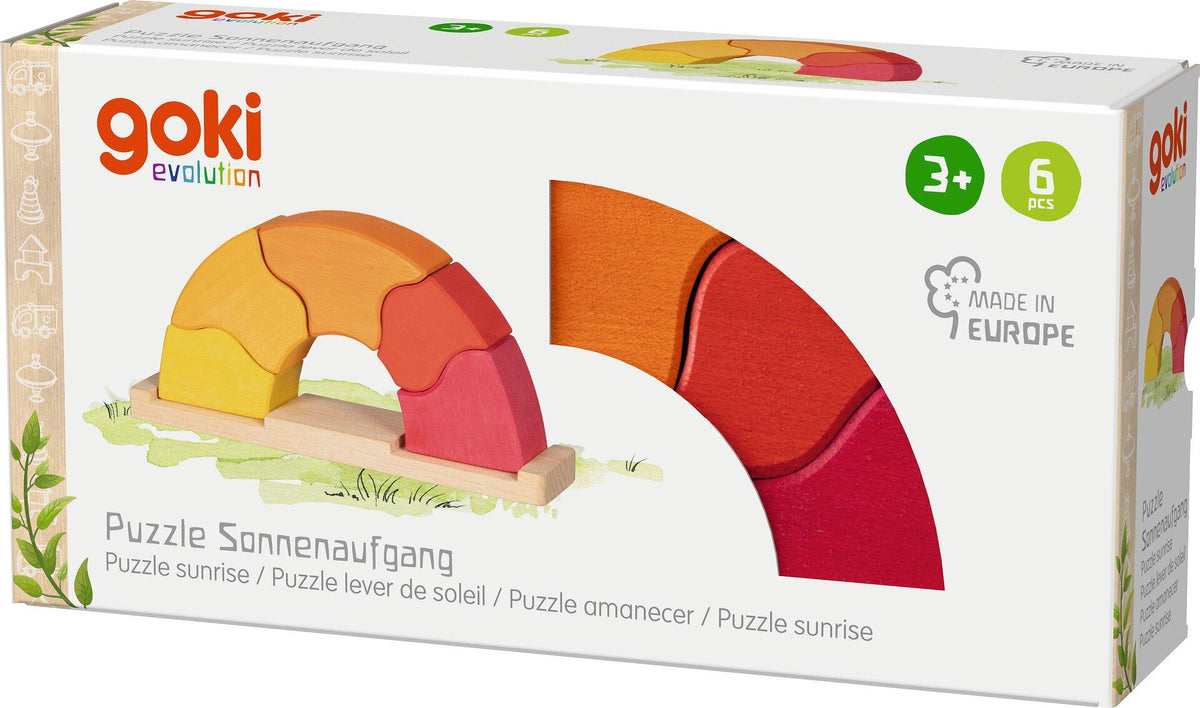 Holzpuzzle Sonnenaufgang aus sechs gebogenen Bausteinen – Verpackung