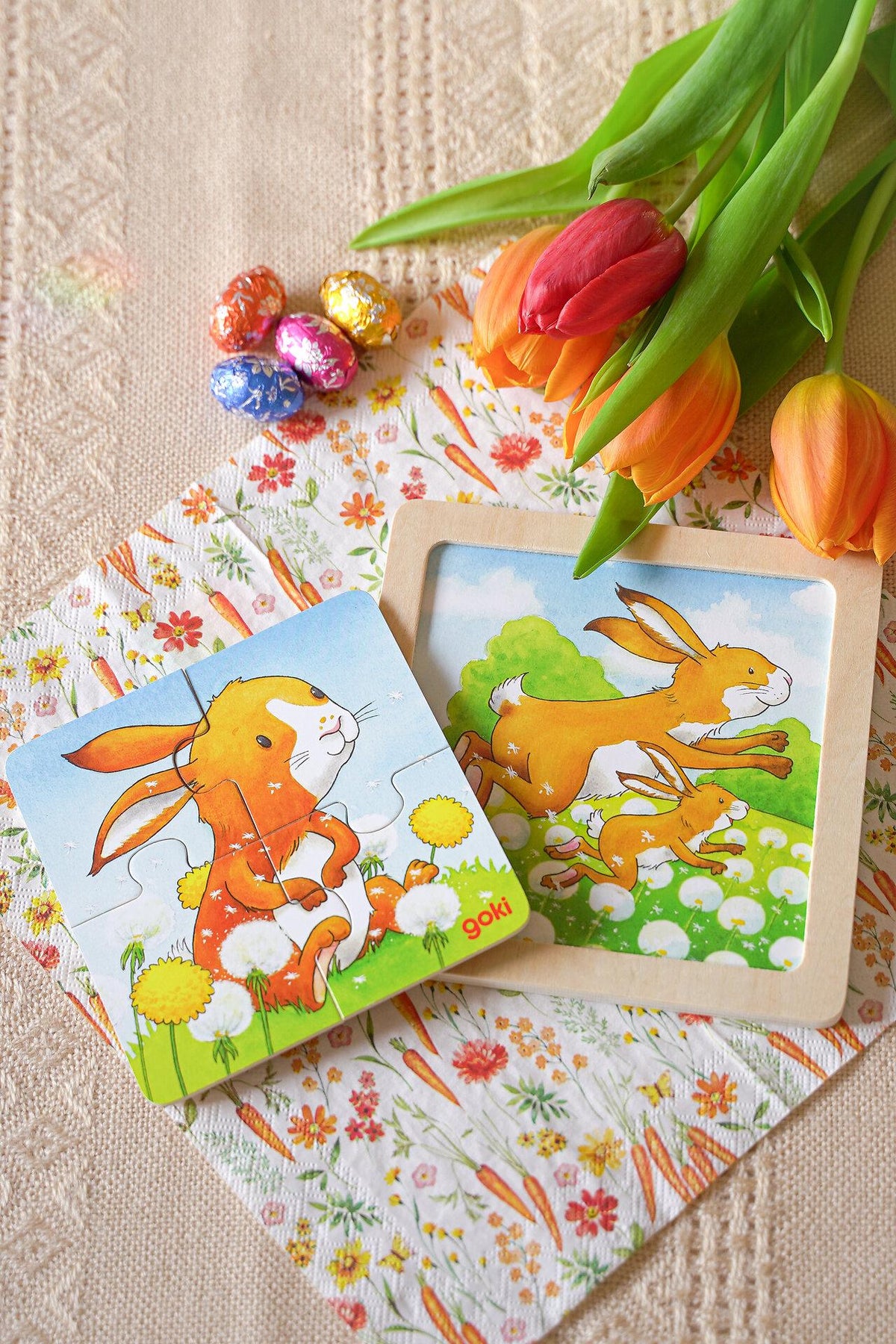 Holzpuzzle Tierkinder mit Rahmen und Hintergrundbild