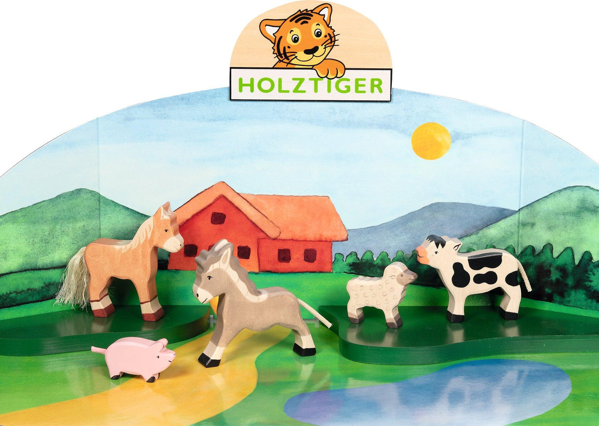 HOLZTIGER Bauernhoftiere Set mit Fohlen, Esel und Lamm