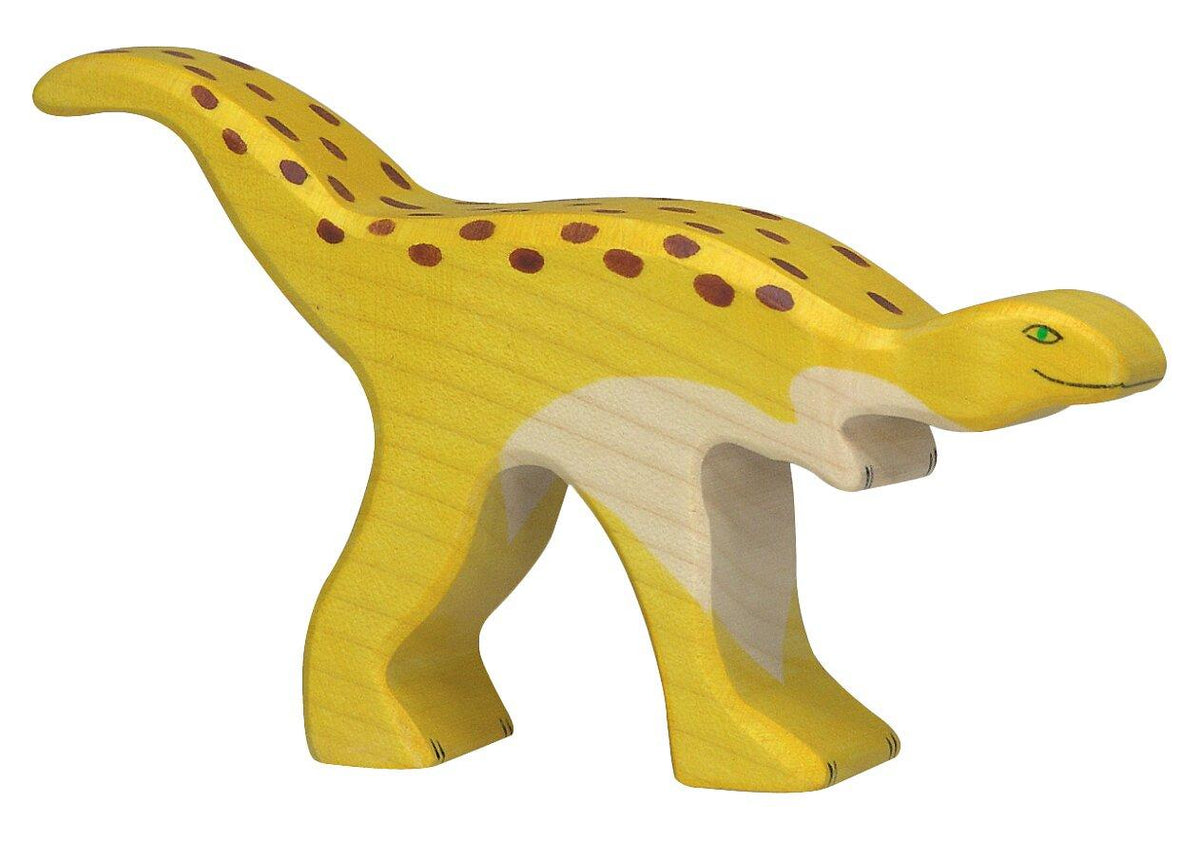 HOLZTIGER Holzfigur Staurikosaurus gelb mit braunen Punkten – Ansicht