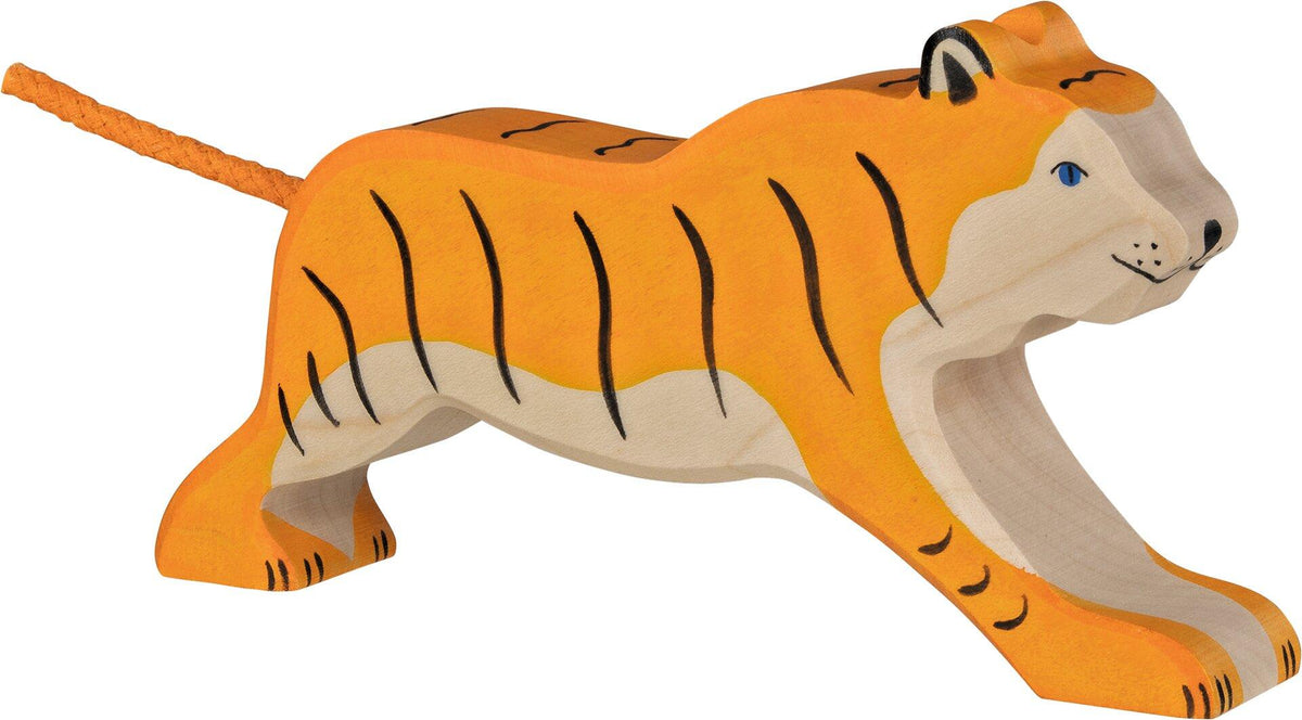 HOLZTIGER Holzfigur Tiger im Lauf mit Kordelschwanz – Ansicht